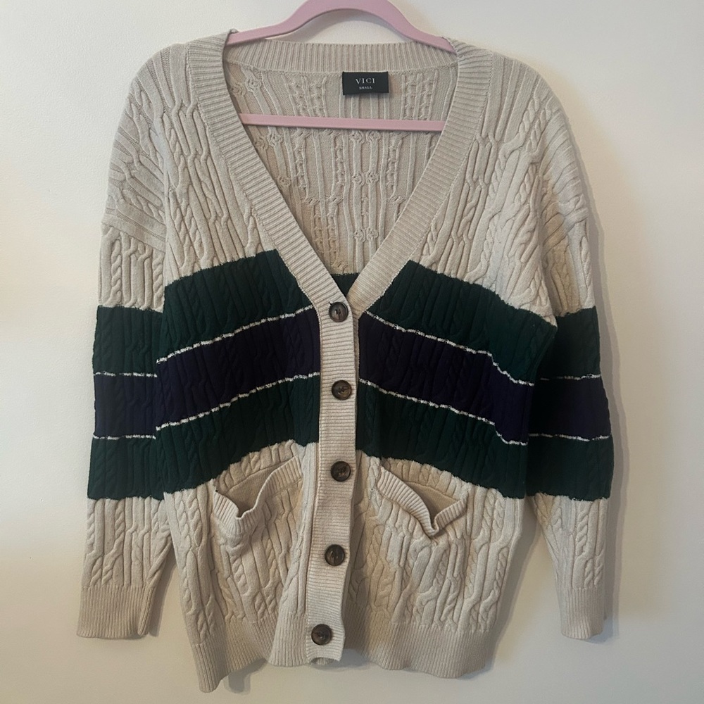 Vici Cream and Dark Green Cardigan